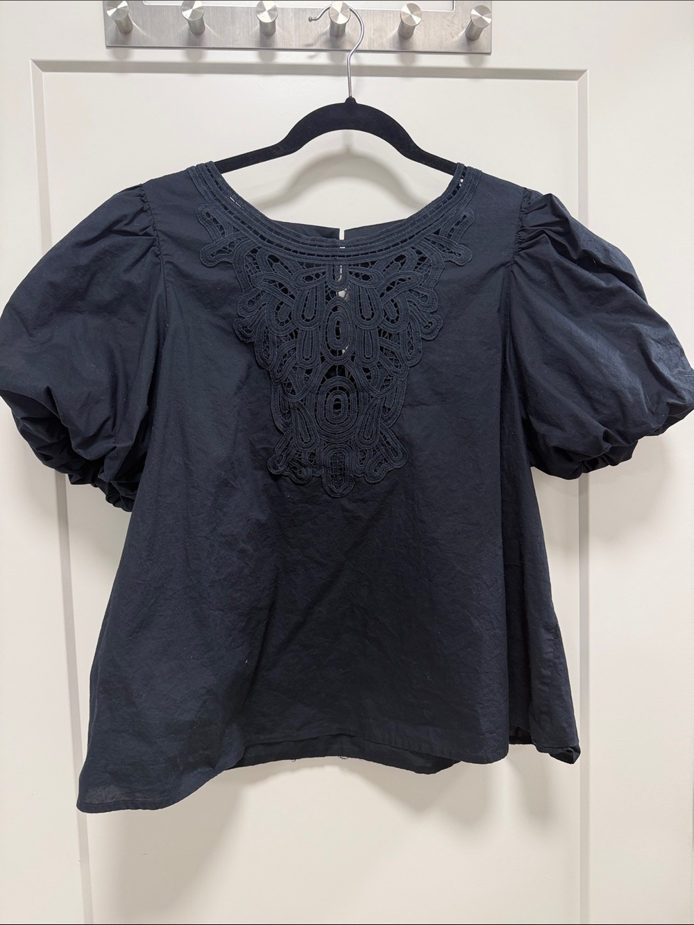 Buffalo David Bitton Black Crochet Yoke Puff Sleeve Top
